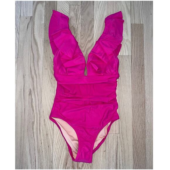 NWT J. Crew Pink Fushia One Piece Swim Suit Ruched Ruffle V Neck Women's 4 - Picture 2 of 9